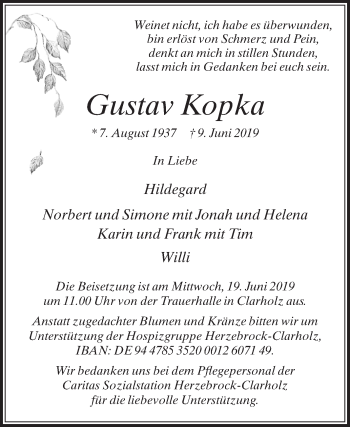 Traueranzeige von Gustav Kopka von Die Glocke