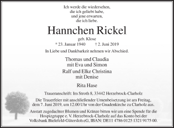 Traueranzeige von Hannchen Rickel von Die Glocke