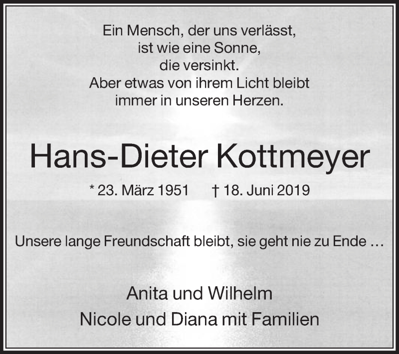  Traueranzeige für Hans-Dieter Kottmeyer vom 20.06.2019 aus Die Glocke