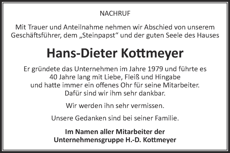  Traueranzeige für Hans-Dieter Kottmeyer vom 19.06.2019 aus Die Glocke