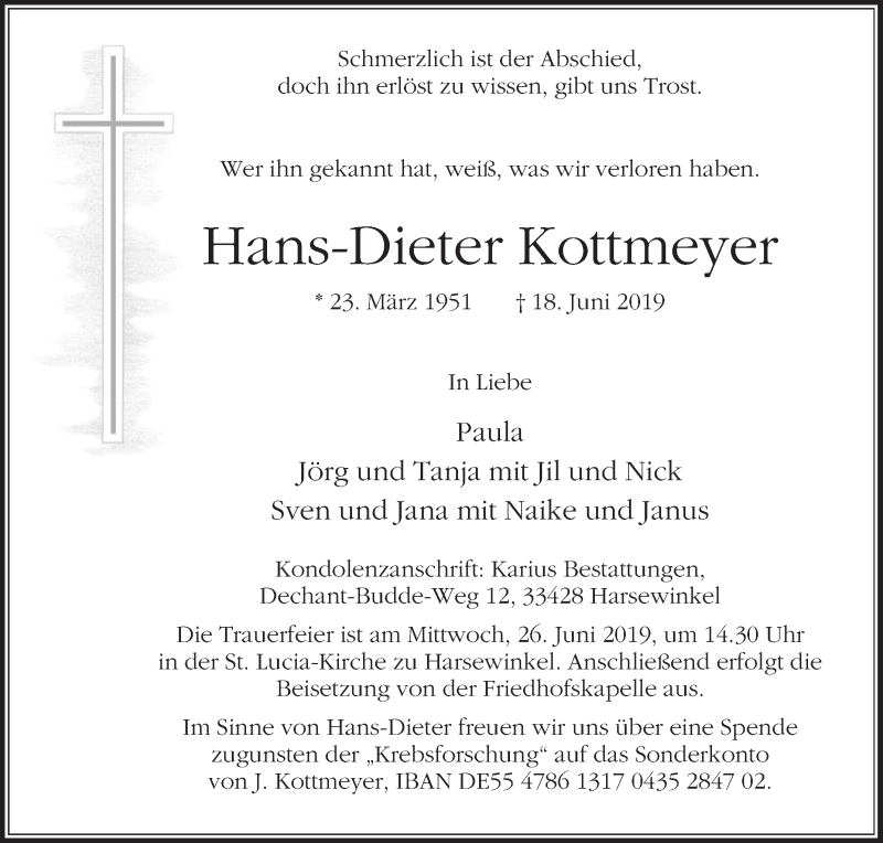  Traueranzeige für Hans-Dieter Kottmeyer vom 20.06.2019 aus Die Glocke
