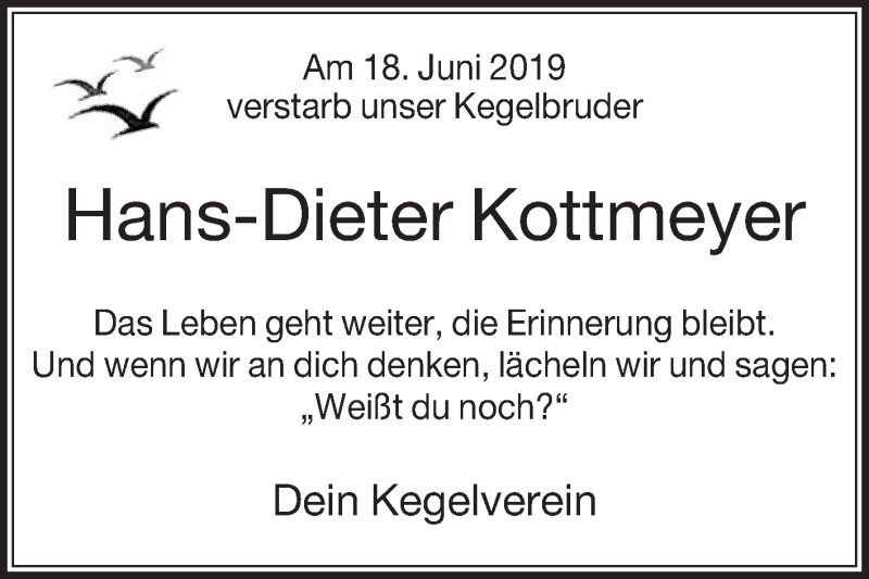  Traueranzeige für Hans-Dieter Kottmeyer vom 20.06.2019 aus Die Glocke