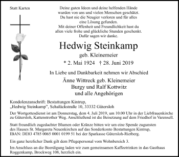 Traueranzeige von Hedwig Steinkamp von Die Glocke