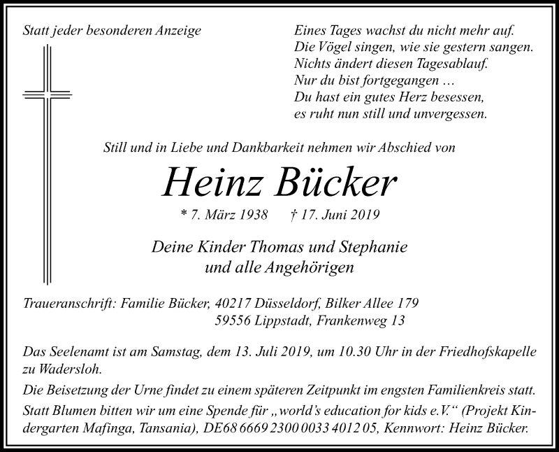  Traueranzeige für Heinz Bücker vom 29.06.2019 aus Die Glocke