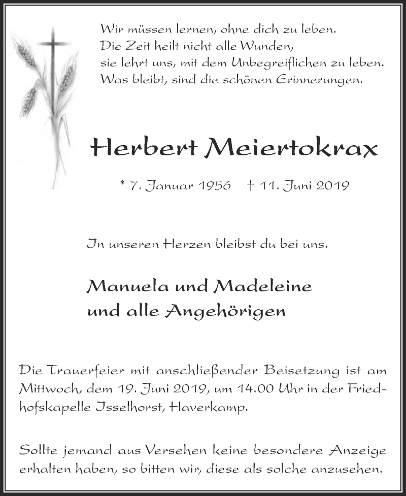  Traueranzeige für Herbert Meiertokrax vom 15.06.2019 aus Die Glocke