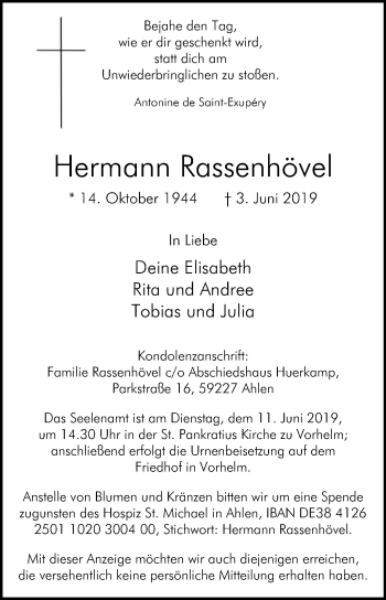 Traueranzeige von Hermann Rassenhövel von Die Glocke