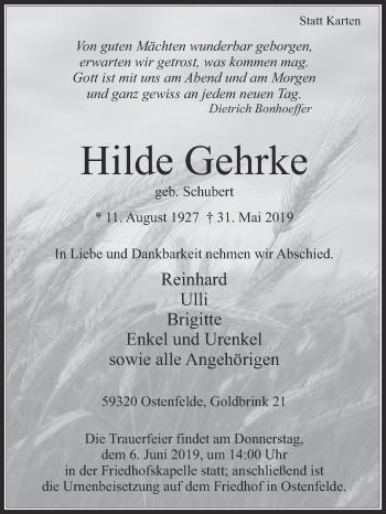 Traueranzeige von Hilde Gehrke von Die Glocke