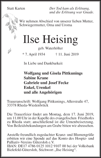 Traueranzeige von Ilse Heising von Die Glocke