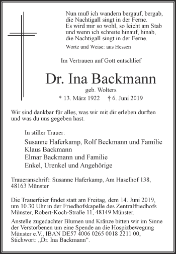 Traueranzeige von Ina Backmann von Die Glocke