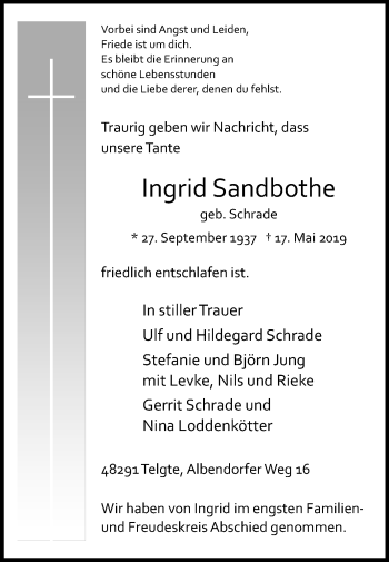 Traueranzeige von Ingrid Sandbothe von Die Glocke