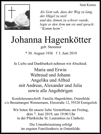 Traueranzeige von Johanna Hagenkötter von Die Glocke