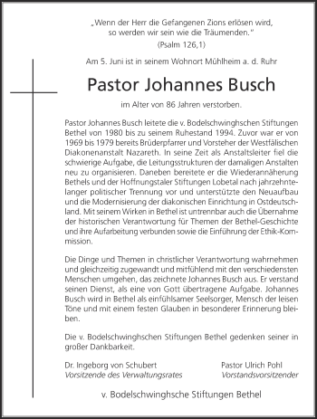 Traueranzeige von Johannes Busch von Die Glocke