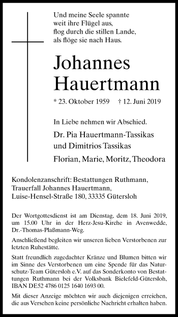 Traueranzeige von Johannes Hauertmann von Die Glocke