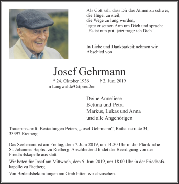 Traueranzeige von Josef Gehrmann von Die Glocke