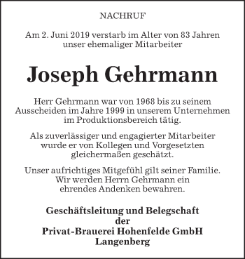 Traueranzeige von Joseph Gehrmann von Die Glocke