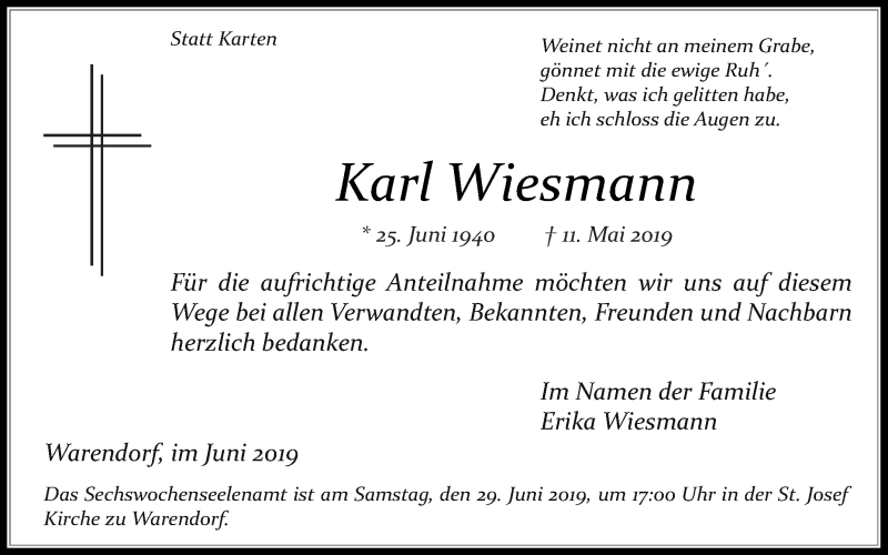  Traueranzeige für Karl Wiesmann vom 22.06.2019 aus Die Glocke