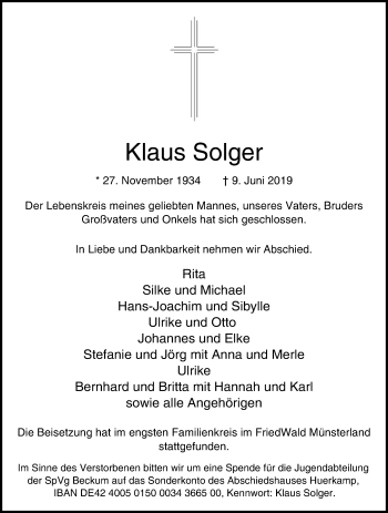 Traueranzeige von Klaus Solger von Die Glocke