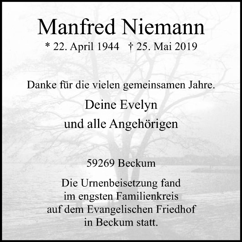  Traueranzeige für Manfred Niemann vom 08.06.2019 aus Die Glocke