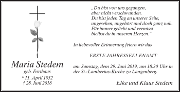 Traueranzeige von Maria Stedem von Die Glocke