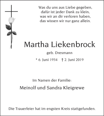 Traueranzeige von Martha Liekenbrock von Die Glocke