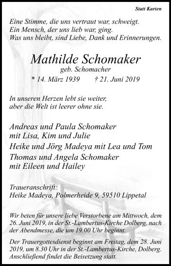 Traueranzeige von Mathilde Schomaker von Die Glocke