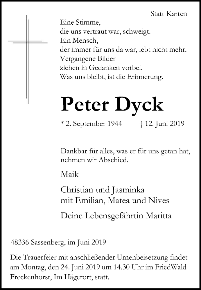  Traueranzeige für Peter Dyck vom 15.06.2019 aus Die Glocke