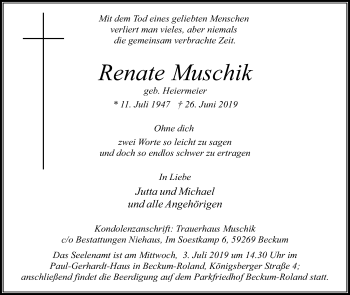 Traueranzeige von Renate Muschik von Die Glocke