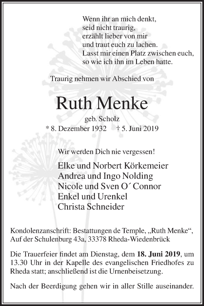  Traueranzeige für Ruth Menke vom 08.06.2019 aus Die Glocke