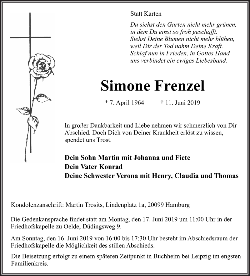  Traueranzeige für Simone Frenzel vom 14.06.2019 aus Die Glocke