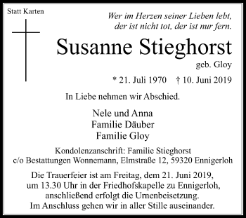 Traueranzeige von Susanne Stieghorst von Die Glocke