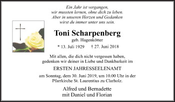 Traueranzeige von Toni Scharpenberg von Die Glocke