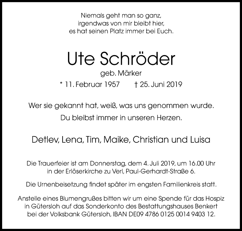  Traueranzeige für Ute Schröder vom 29.06.2019 aus Die Glocke