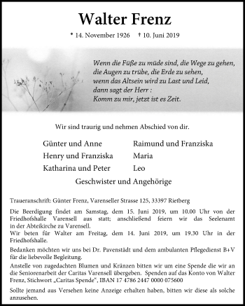 Traueranzeige von Walter Frenz von Die Glocke