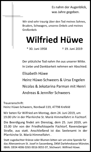 Traueranzeige von Wilfried Hüwe von Die Glocke