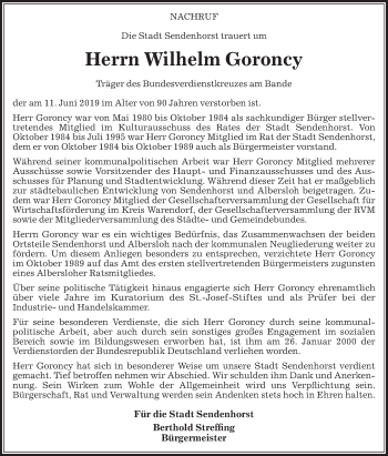 Traueranzeige von Wilhelm Goroncy von Die Glocke