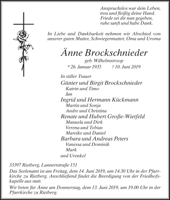 Traueranzeige von Änne Brockschnieder von Die Glocke