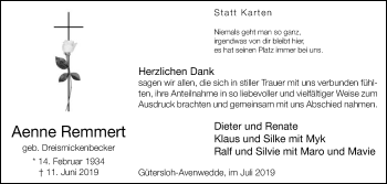 Traueranzeige von Aenne Remmert von Die Glocke
