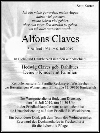 Traueranzeige von Alfons Claves von Die Glocke