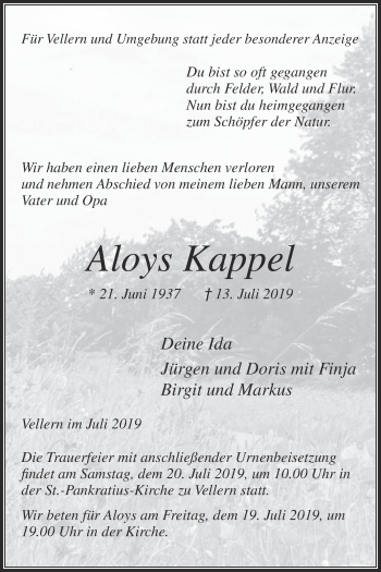 Traueranzeige von Aloys Kappel von Die Glocke