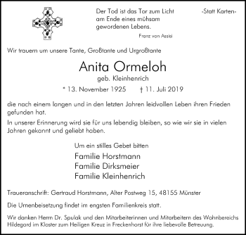 Traueranzeige von Anita Ormeloh von Die Glocke