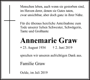 Traueranzeige von Annemarie Graw von Die Glocke