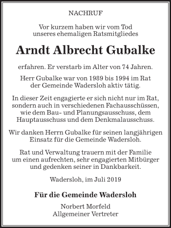 Traueranzeige von Arndt Albrecht Gubalke von Die Glocke