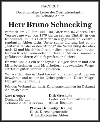 Traueranzeige von Bruno Schnecking von Die Glocke