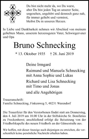 Traueranzeige von Bruno Schnecking von Die Glocke