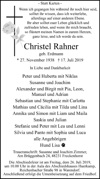 Traueranzeige von Christel Rahner von Die Glocke