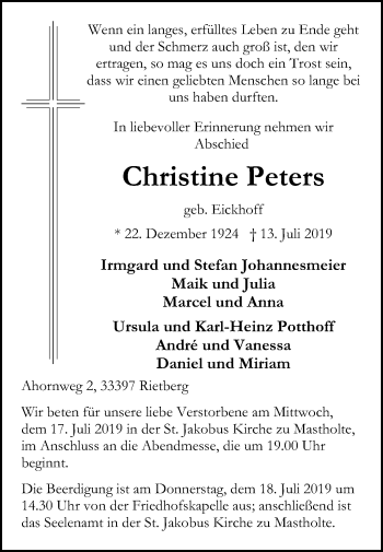 Traueranzeige von Christine Peters von Die Glocke