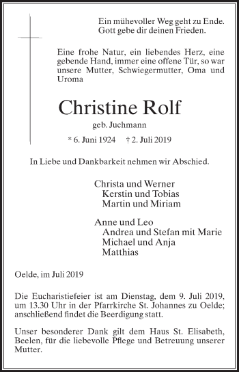 Traueranzeige von Christine Rolf von Die Glocke