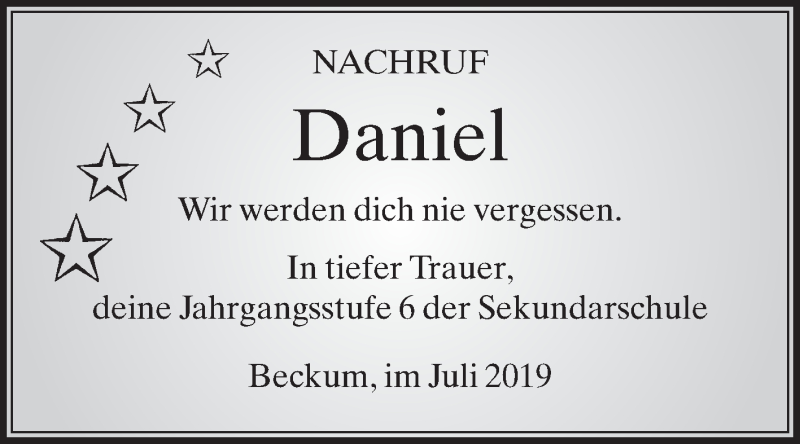  Traueranzeige für Daniel  vom 06.07.2019 aus Die Glocke
