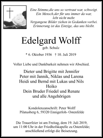 Traueranzeige von Edelgard Wolff von Die Glocke