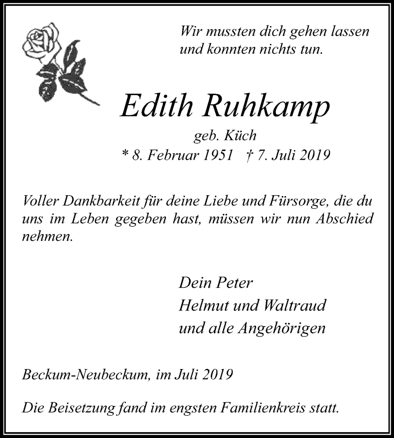  Traueranzeige für Edith Ruhkamp vom 17.07.2019 aus Die Glocke